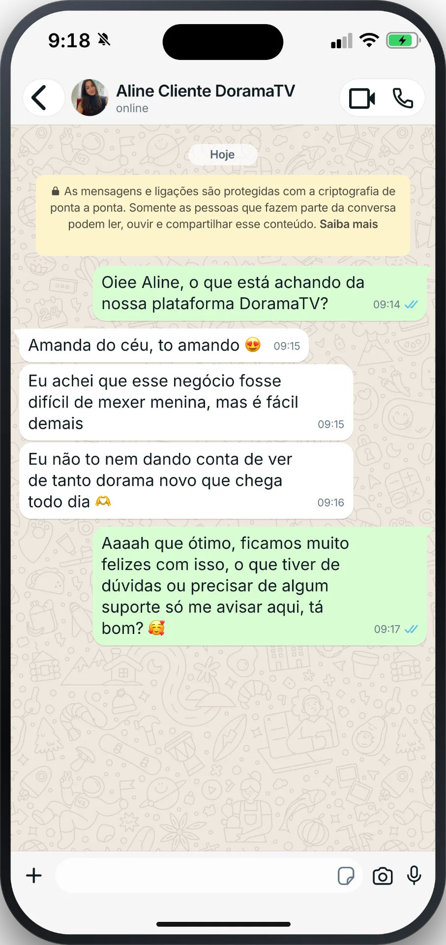 Depoimento de Aline no WhatsApp sobre a plataforma de doramas dublados
