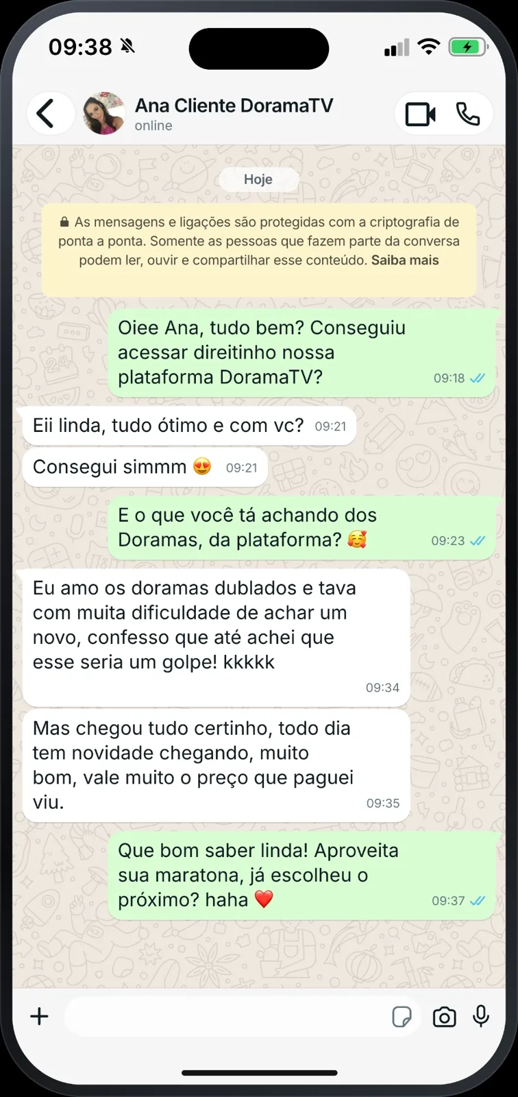 Depoimento de Ana no WhatsApp sobre a plataforma de doramas dublados