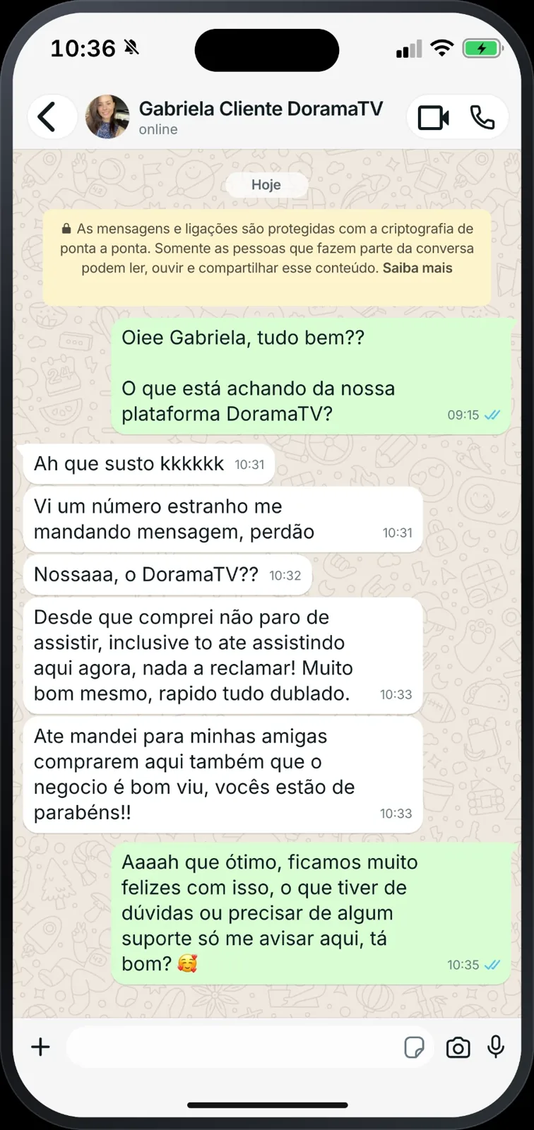 Depoimento de Gabriela no WhatsApp sobre a plataforma de doramas dublados